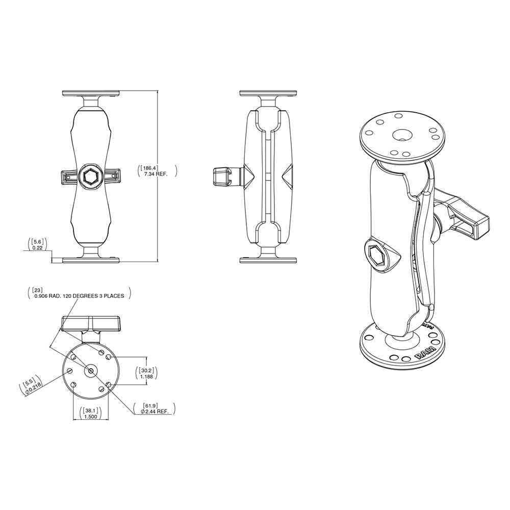 RAM Mount 1.5" Ball Double Socket Arm w/2 2.5" Round Bases - AMPs Pattern [RAM-101U]