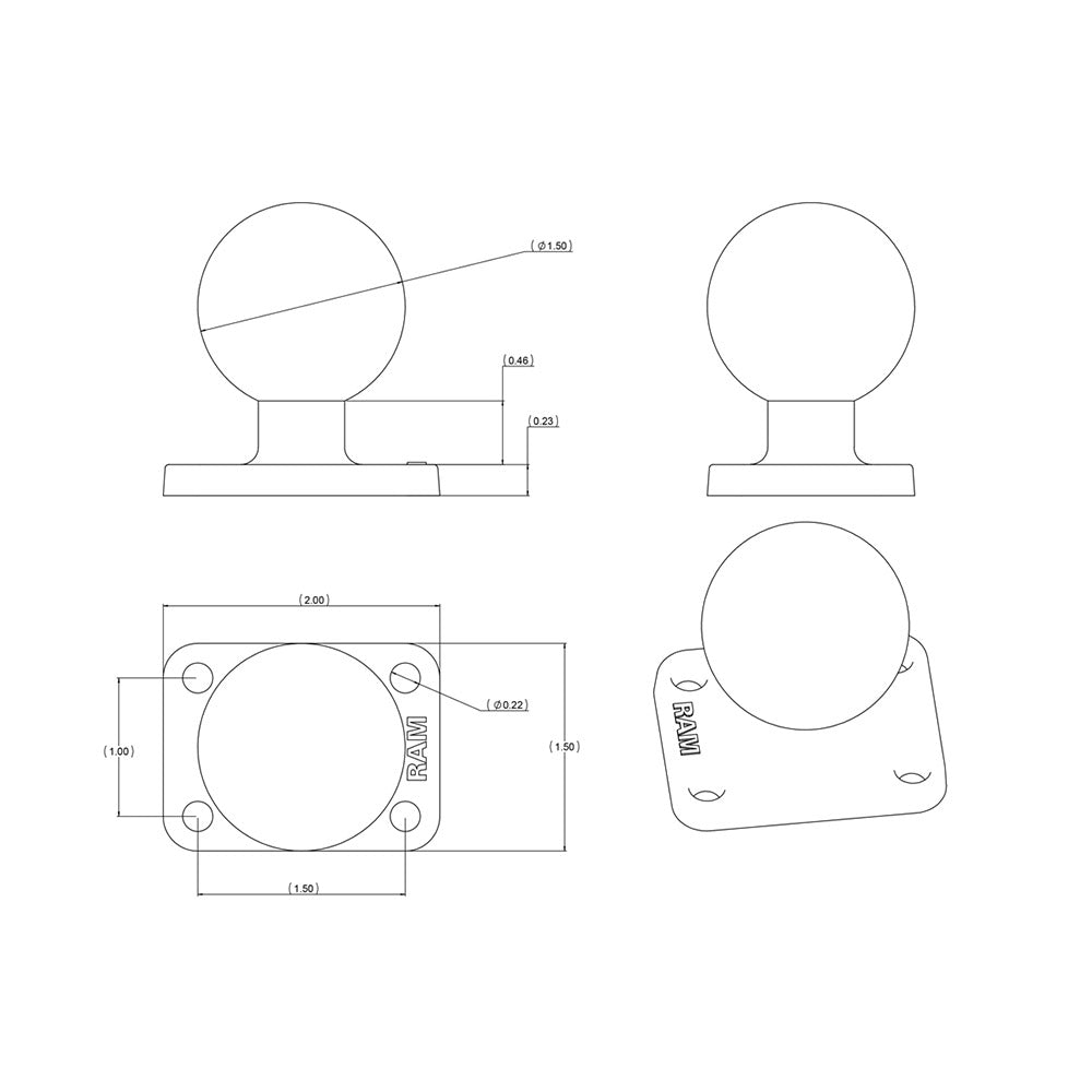 RAM Mount 1.5" x 2" Rectangle Base w/1.5" Ball [RAM-202U-152]